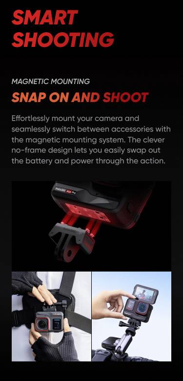 "Smart Shooting" mostra un sistema di montaggio fotocamera con fissaggio magnetico. Due mani montano una fotocamera per un facile cambio di accessori.