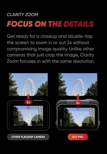 Due immagini della fotocamera: a sinistra dettagli sfocati con marcatura '2x', a destra immagine nitida con '2x'. Testo: Zoom Clarity migliora i dettagli.