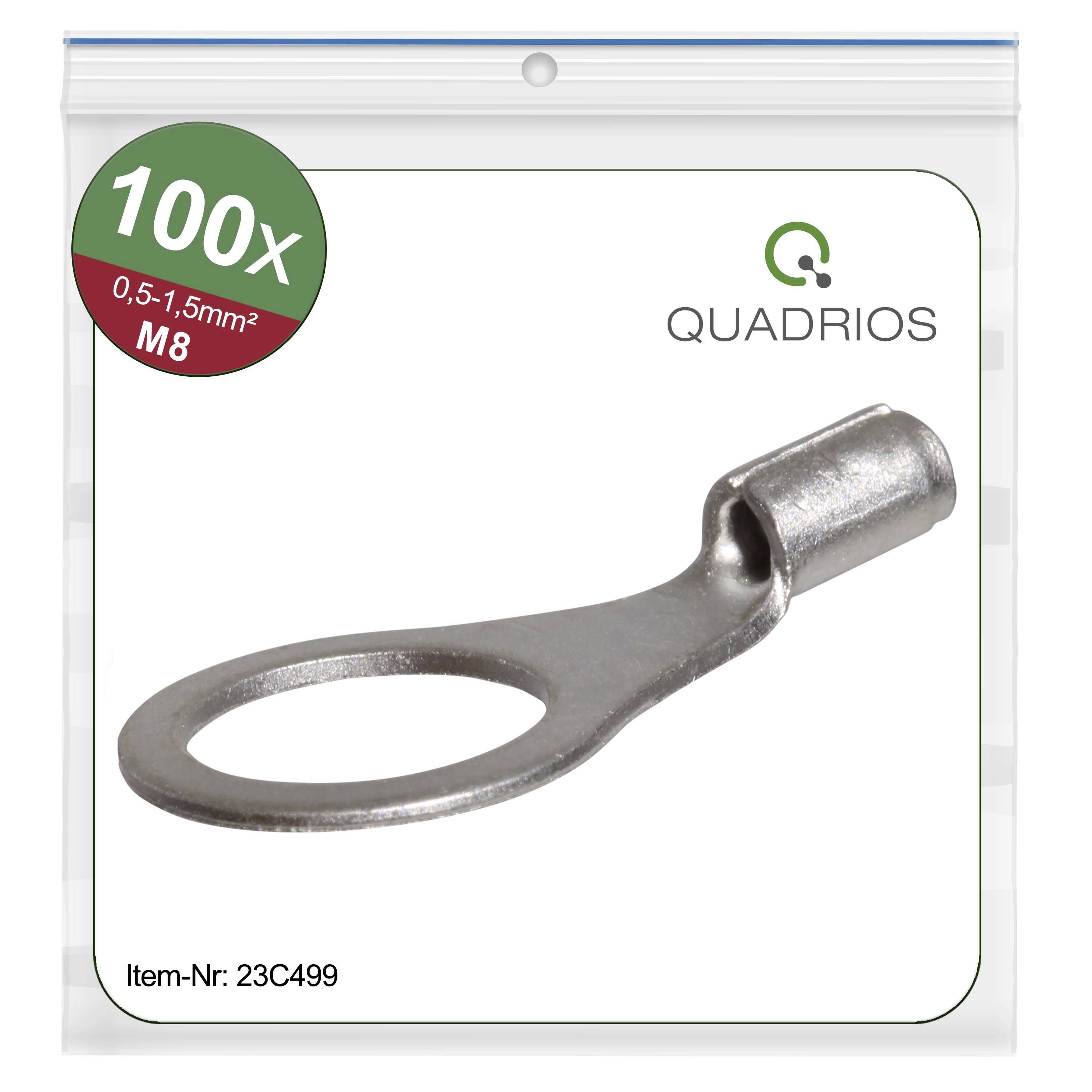 Capocorda metallico ad anello per fori da M8, adatto per sezioni di cavo da 0,5-1,5 mm². Confezionato in set da 100 pezzi.