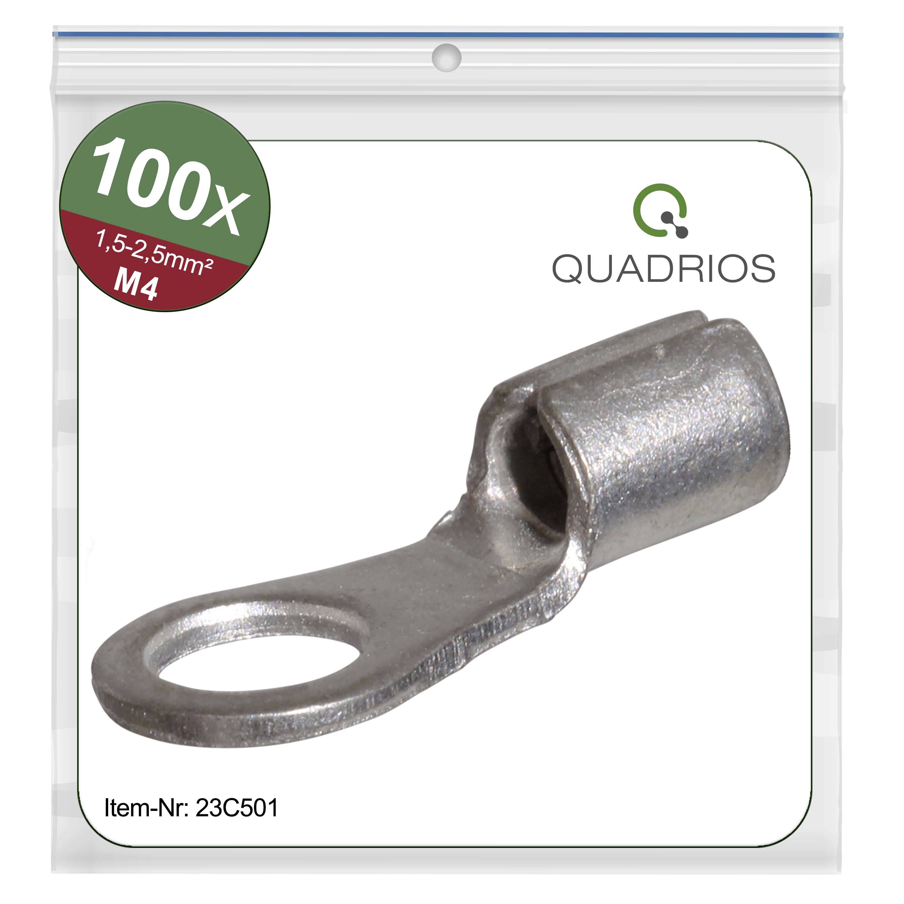 '100x Capicorda M4, 1,5-2,5mm², logo Quadratis, Codice articolo: 23C501, morsetto metallico argentato con estremità ad occhiello tondo, fronte confezione'