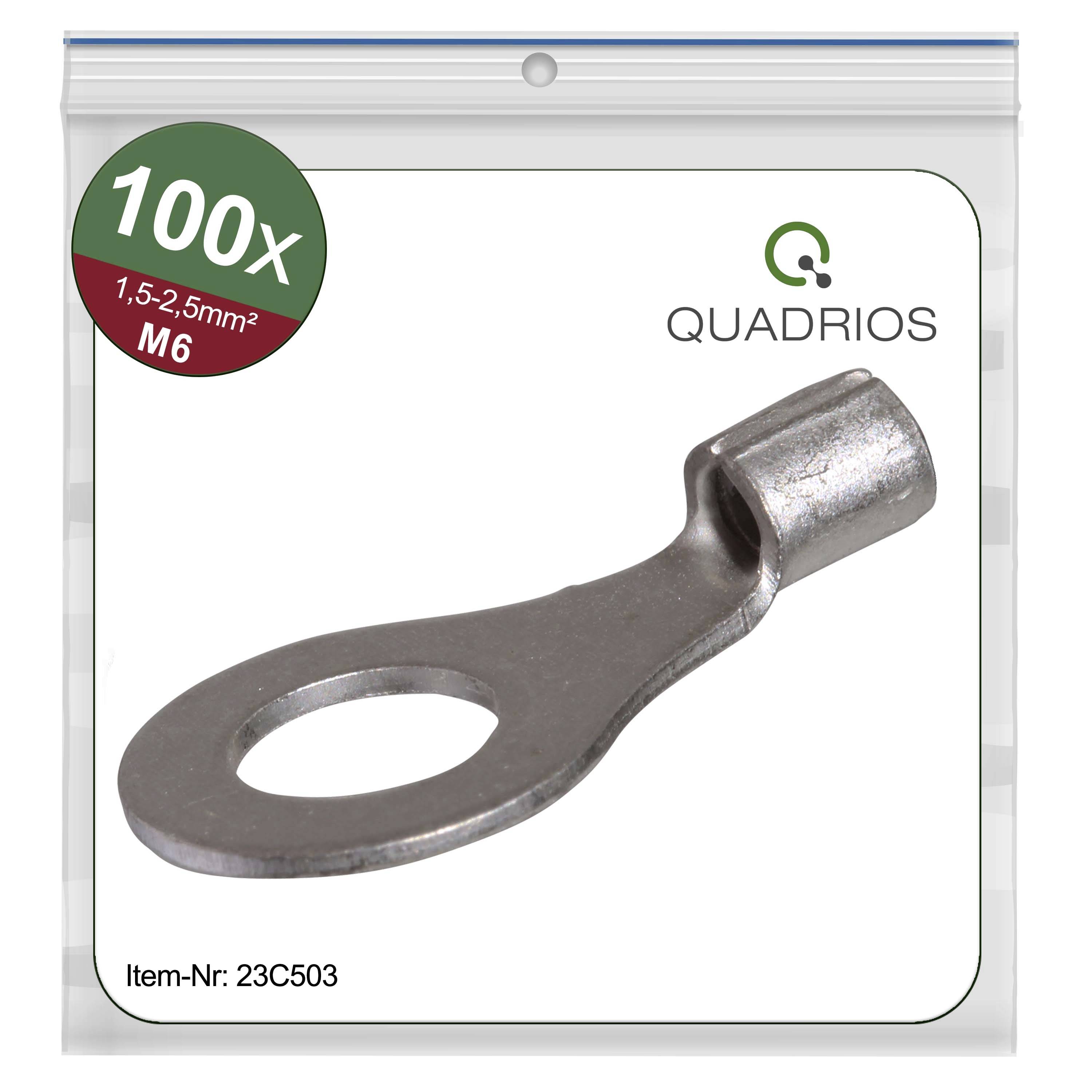 'QUADRIOS Capocorda' sulla confezione con l'immagine di un capocorda metallico e il testo '100x M6 1,5-2,5 mm²', codice articolo 23C503.