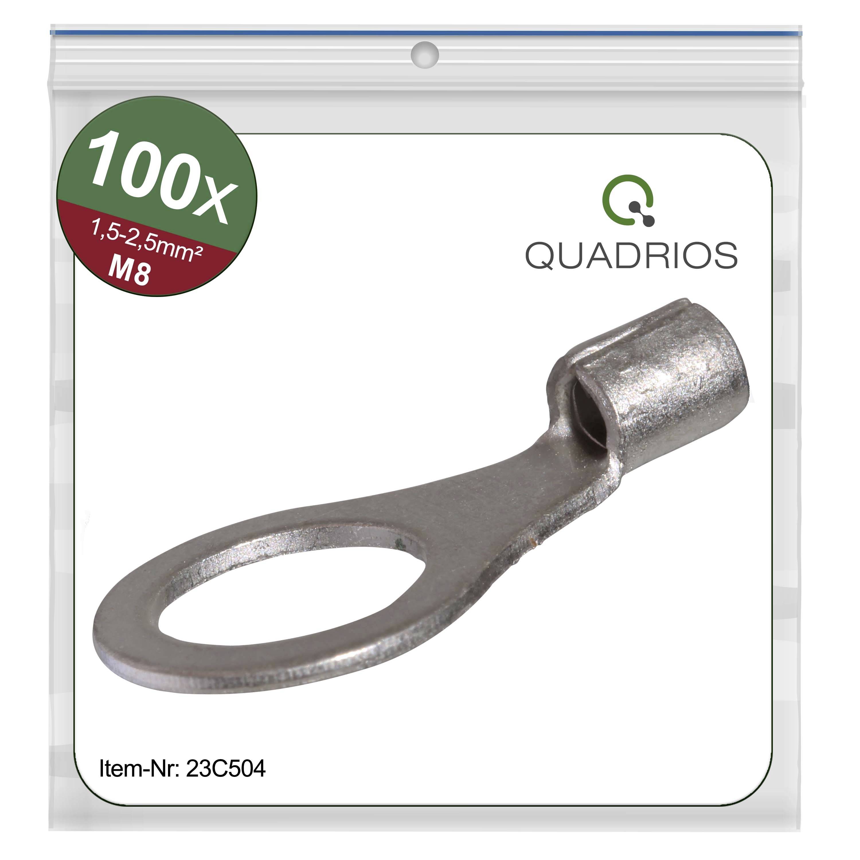 Una confezione da 100 capicorda di Quadrio per cavi da 1,5-2,5mm², diametro M8, codice articolo 23C504, raffigurata in un imballaggio di plastica.