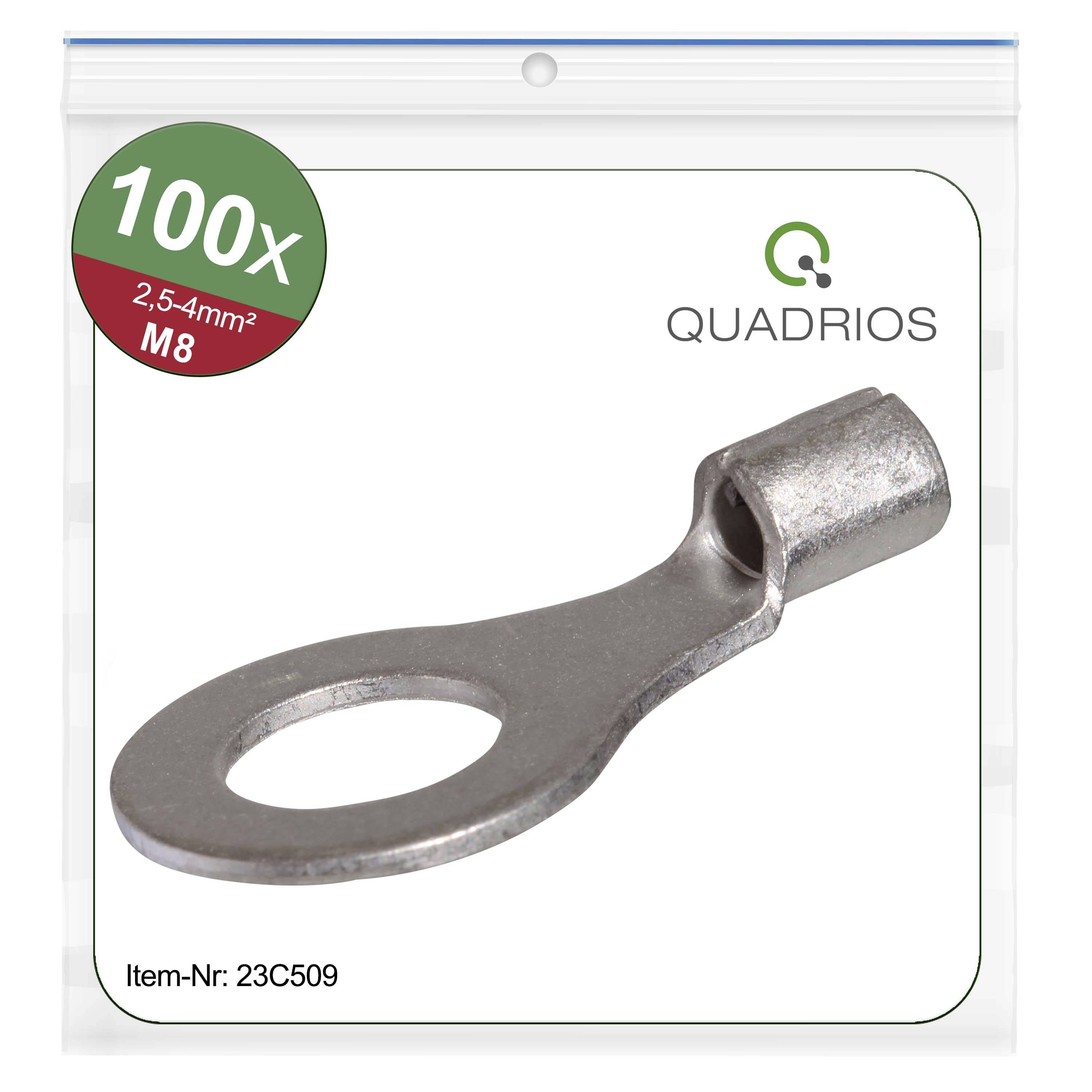 Un'immagine di una fascetta metallica con apertura ovale e marcatura M8 in un imballaggio trasparente. Testo: '100x', 'QUADRIOS', '2.5-4mm²', 'Cod. Art.: 23C509'.