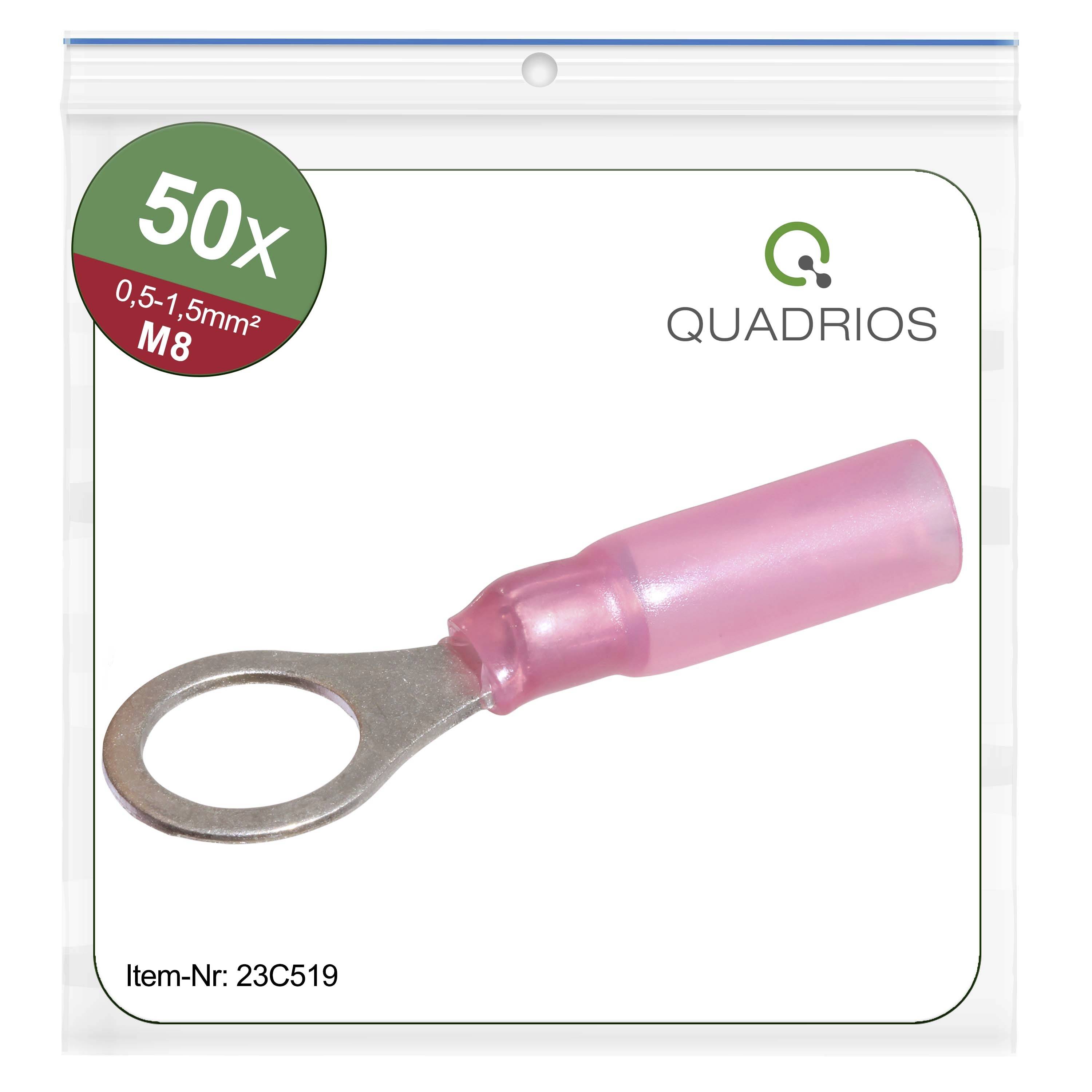 Confezione da 50 capicorda rosa, tipo occhiello M8, per sezioni di cavo da 0,5-1,5 mm². Marca 'Quadrios', codice articolo 23C519.