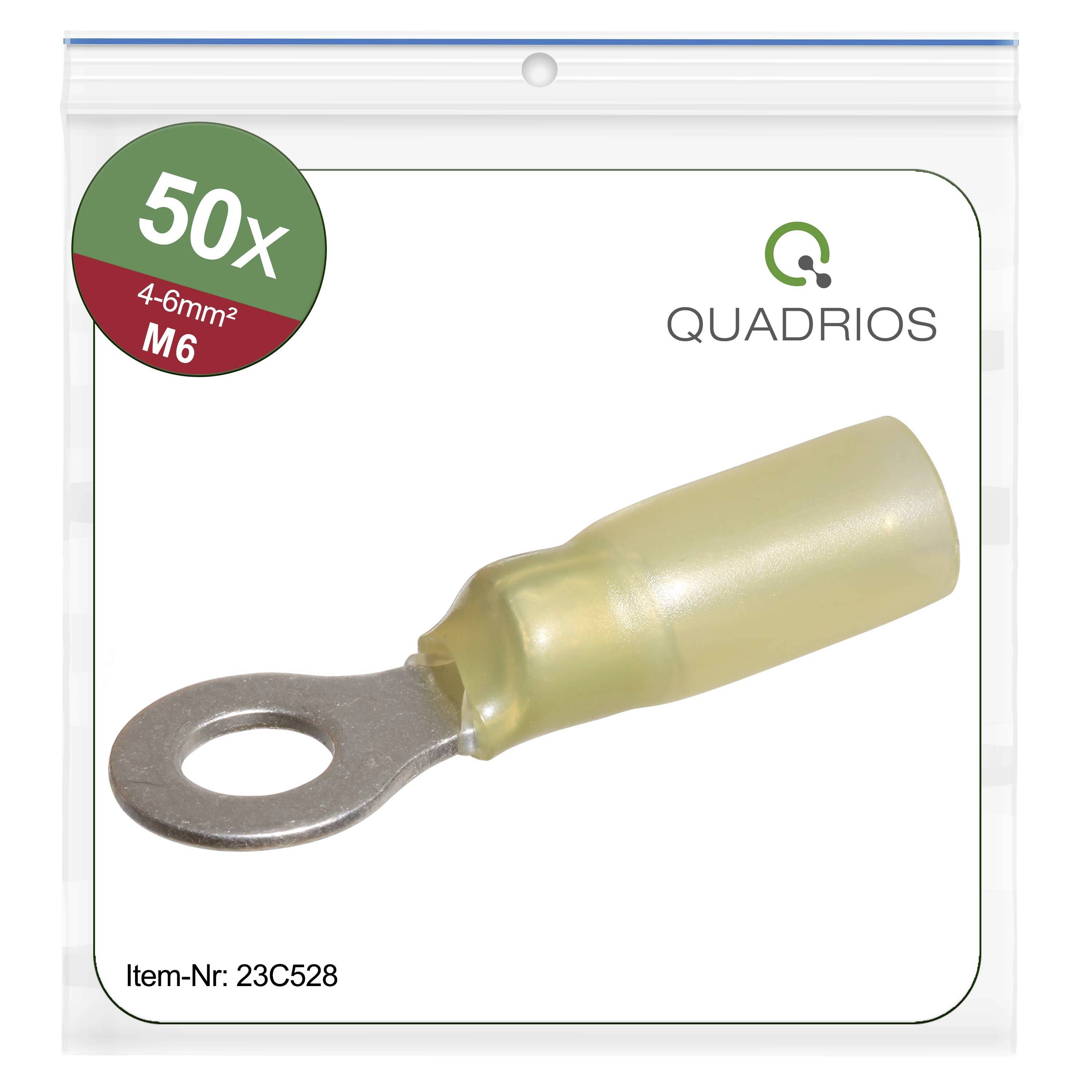 'Set di capicorda ad anello, 50 pezzi, Taglia M6, sezione cavo 4-6mm², Codice articolo 23C528, Marca Quardios. Raffigurato in confezione trasparente.'