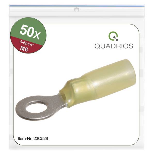 Quadrios 23C528 Capocorda ad anello  Sezione Max=6 mm² Ø foro=6.5 mm Parzialmente isolato Giallo 50 pz.