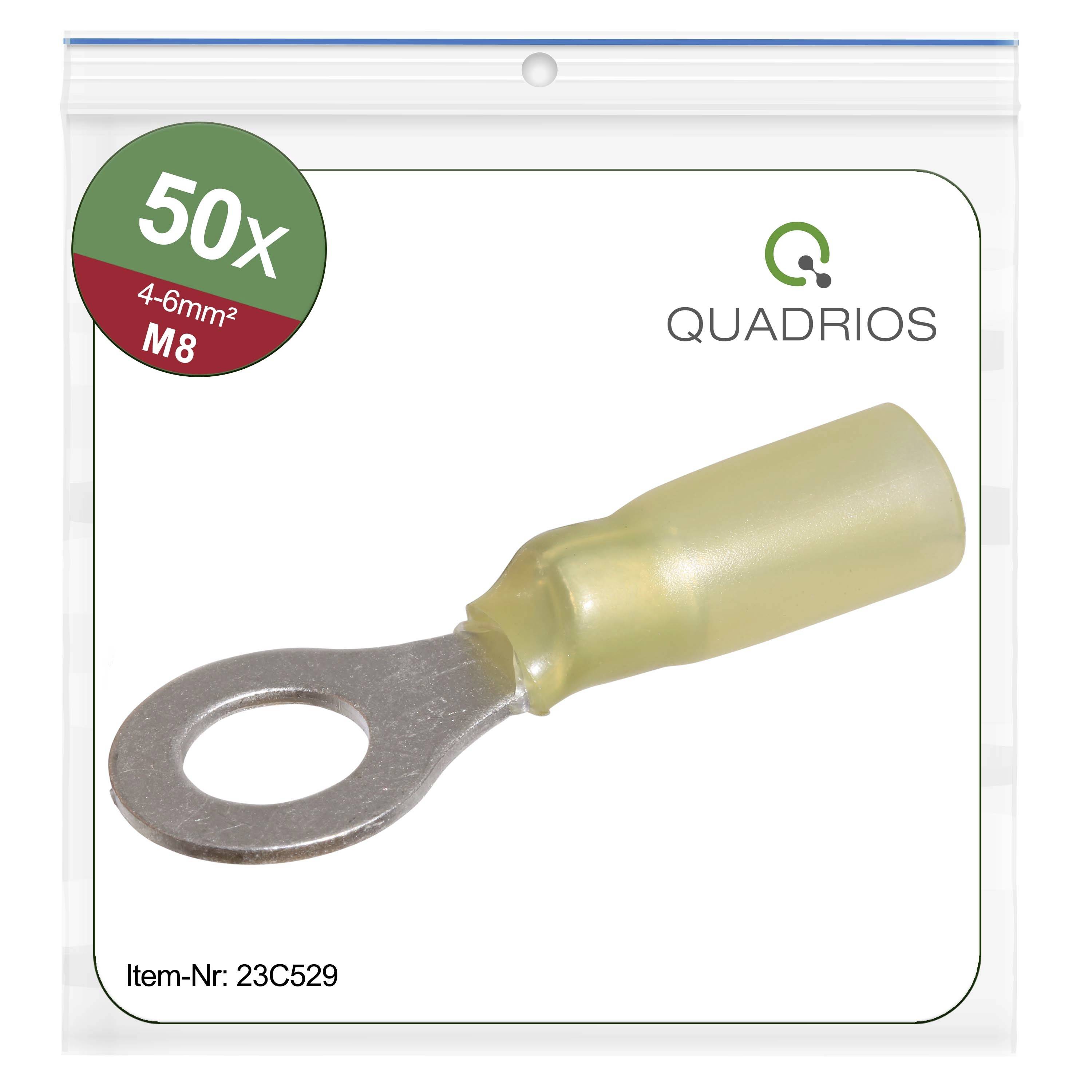 Confezione da 50 capicorda gialli tipo M8, adatti per sezione cavo 4-6 mm². Marca: Quadrios. Codice articolo: 23C529.