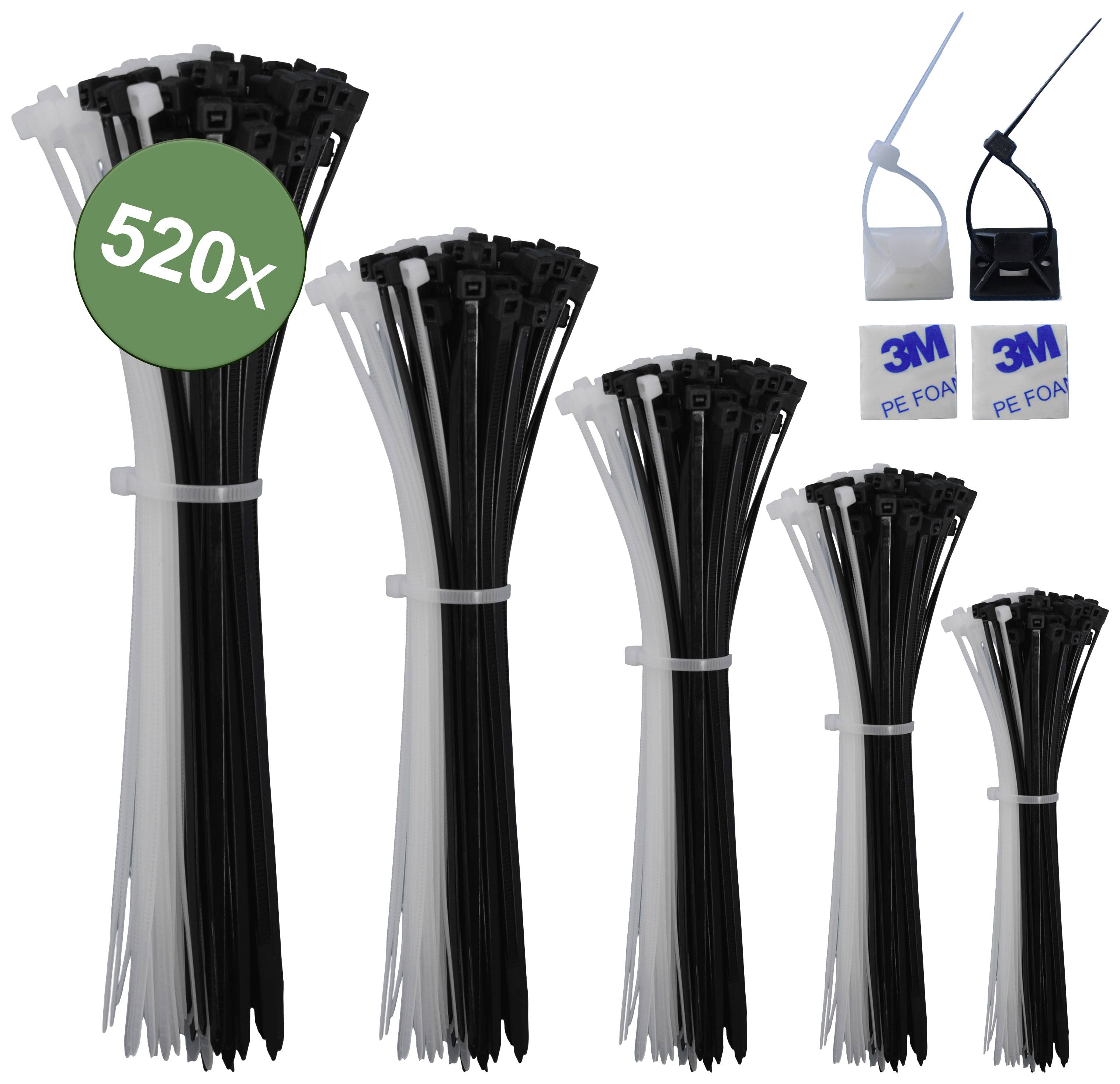 Set di fascette stringicavo, 520 pezzi, in nero e bianco, di diverse dimensioni. Include pad adesivi doppia faccia per il fissaggio.