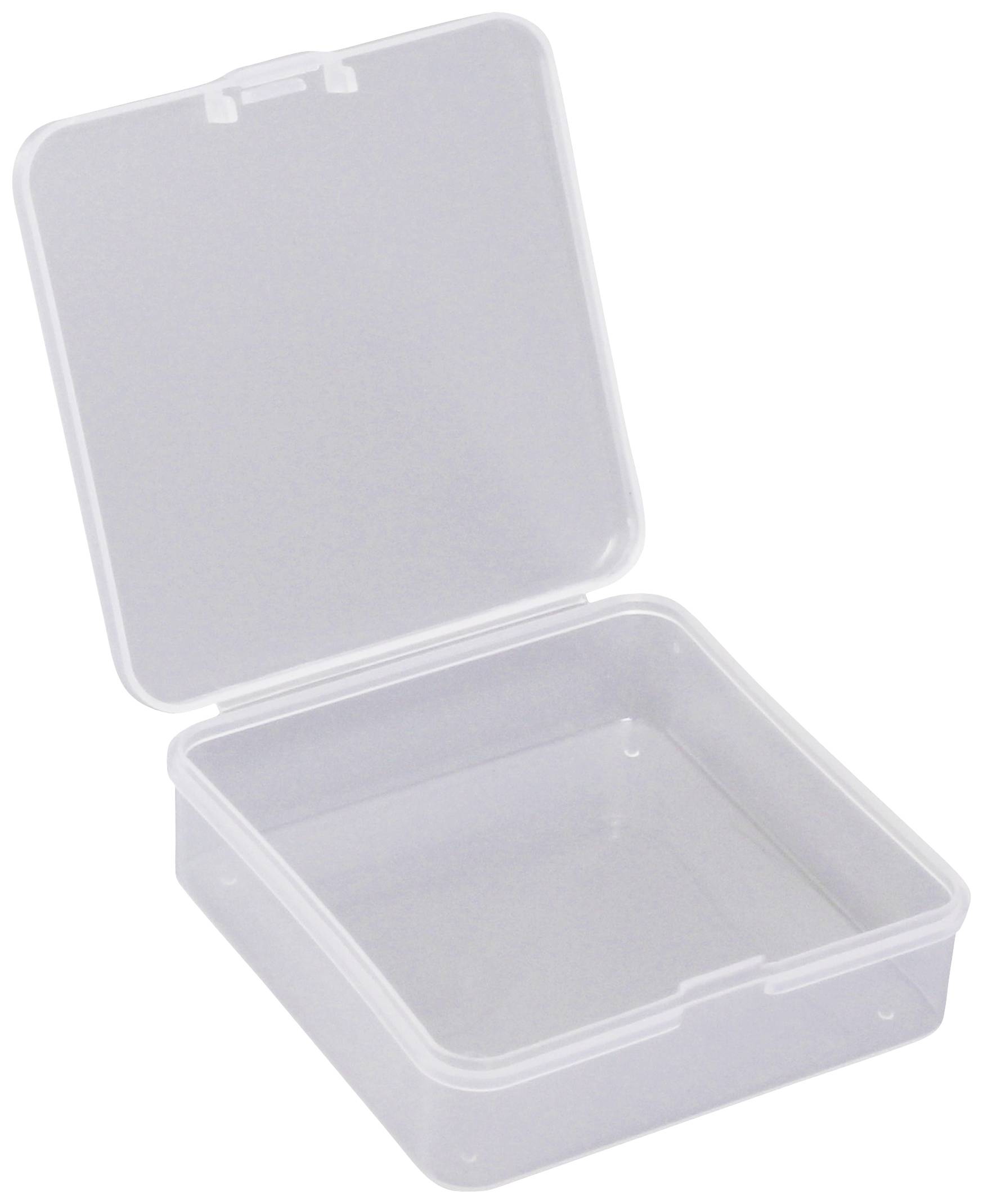 Scatola in plastica trasparente, quadrata, con coperchio sollevato.