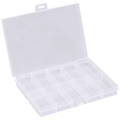 Un contenitore di stoccaggio trasparente con più scomparti, con il coperchio aperto. È ideale per organizzare piccoli oggetti.