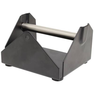 Supporto metallico nero per rotoli, autoportante con telaio robusto, adatto per officina o magazzino.