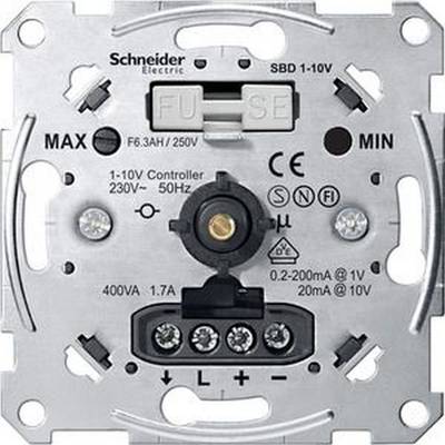 Modulo dimmer elettrico con impostazioni massime e minime, fusibile, morsetti di connessione e simboli per tensione e intensità di corrente.