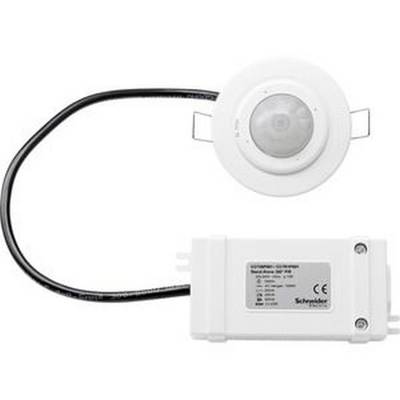 Un sensore di movimento bianco di Schneider Electric, rotondo, collegato con cavo, idoneo per il montaggio a soffitto.