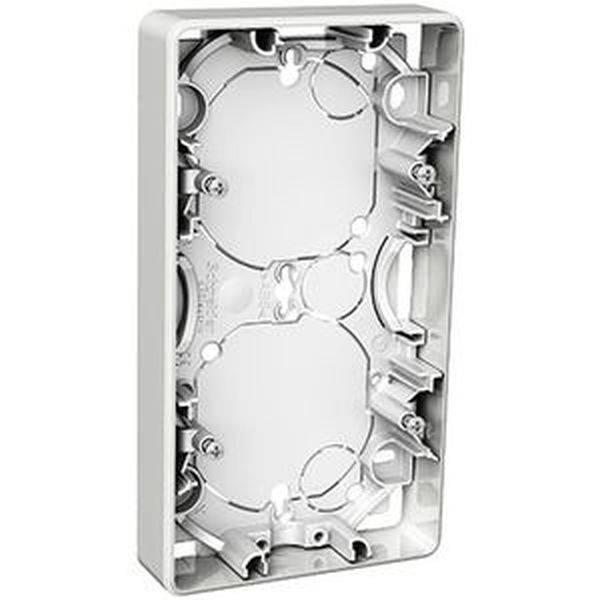 Scatola da incasso rettangolare in plastica, con multipli fori e punti di fissaggio, per impianti elettrici.