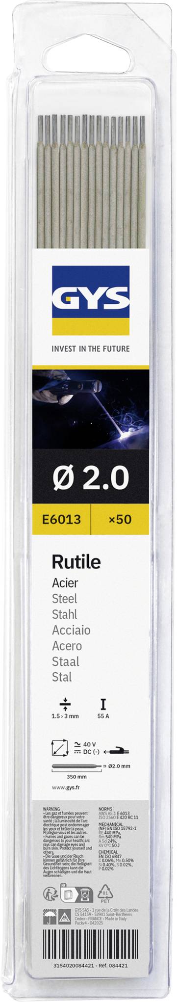 Pacco di elettrodi di saldatura rutile GYS, Ø 2,0 mm, E6013, confezione da 50 pezzi, con etichetta bianca e blu.