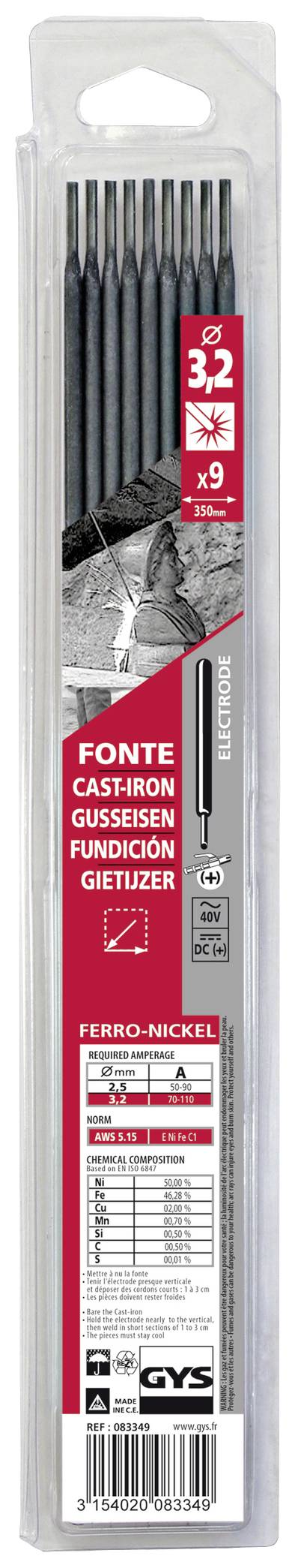 Confezione con nove elettrodi in ghisa, idonei per 40-80 Ampere, adatti per saldatura di ghisa. Marca: GYS.