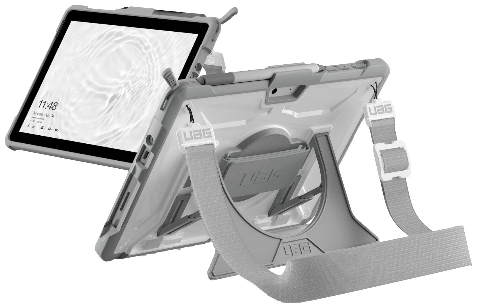Custodia protettiva con supporto integrato e cinghia, adatta per un tablet. Mostrata in due posizioni: modalità stand e modalità trasporto.