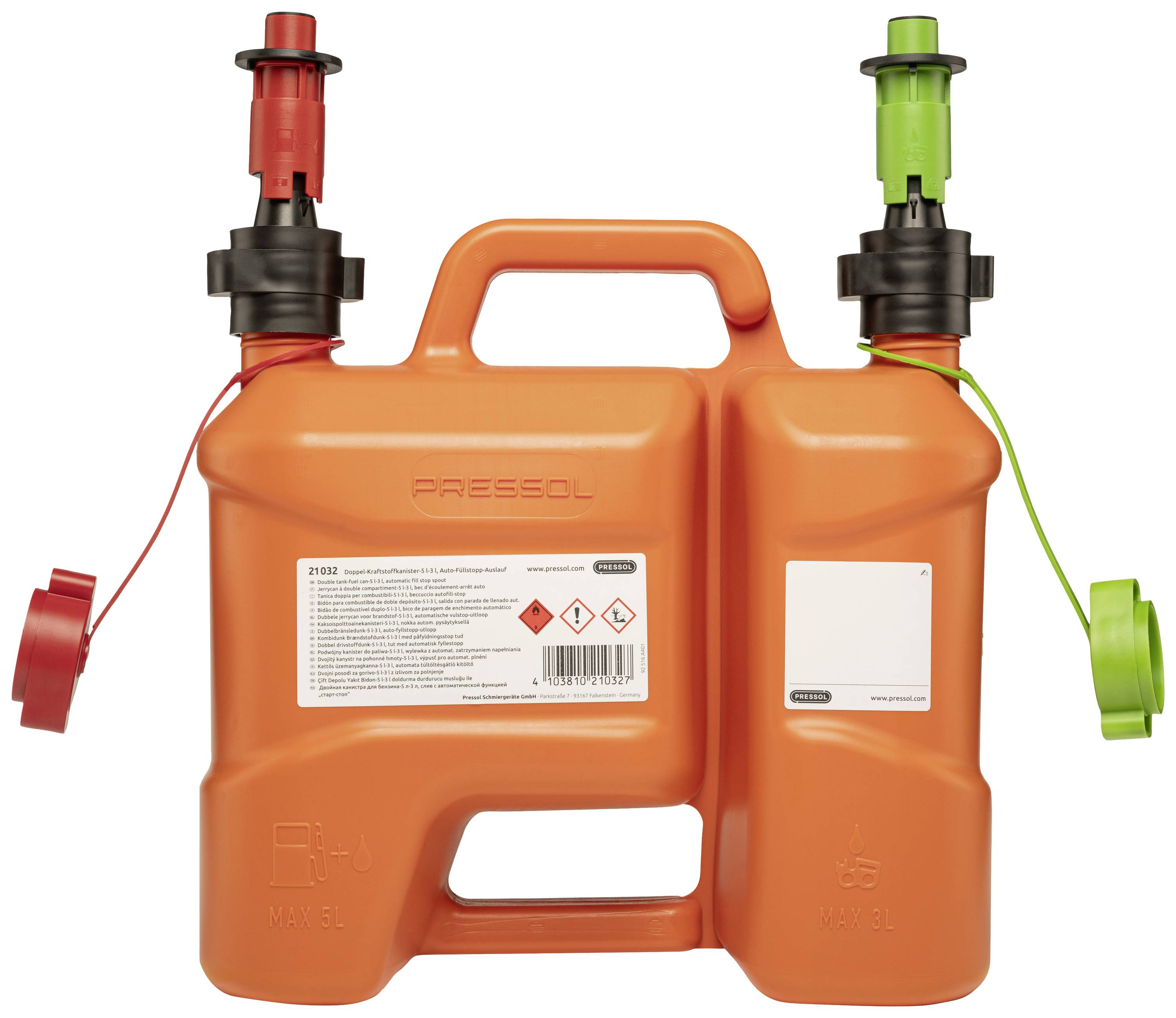 Due taniche arancioni con coperchi rossi e verdi, collegate da un manico. Etichetta con avvertenze e codice a barre visibile.