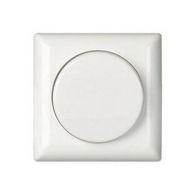 Un interruttore dimmer rotondo e bianco montato su una piastra quadrata a parete, idoneo per regolare l'intensità luminosa.