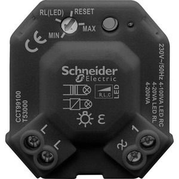 Dimmer nero di Schneider Electric con logo del marchio, etichette per tensione (230V/50Hz) e potenza (420VA LED RL), regolatore per la regolazione della luminosità.
