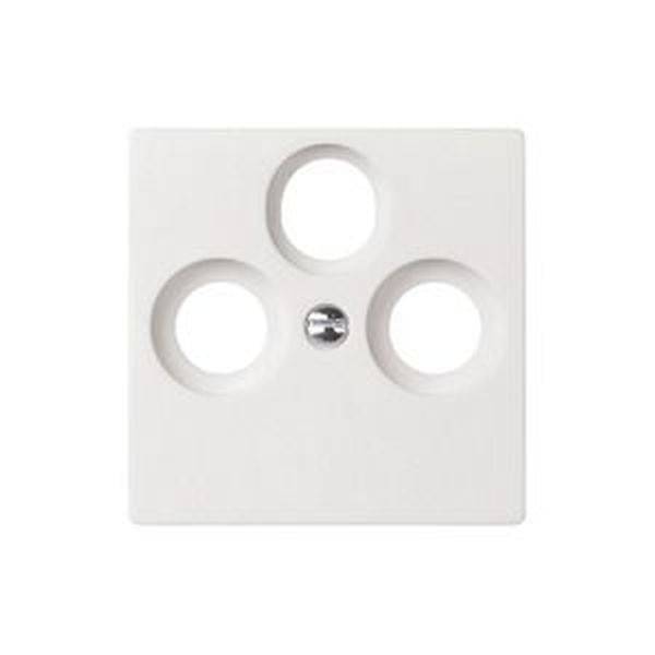 Presa per antenna bianca, quadrata, con tre fori disposti a triangolo. Il foro centrale ha un piccolo coperchio argentato.