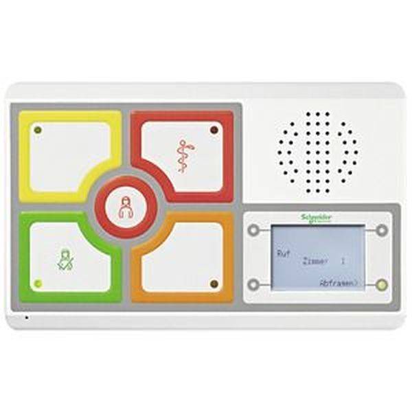 Dispositivo di comunicazione con touchscreen, mostra simboli per diversi tipi di chiamate. Lo schermo visualizza 'Camera 1' e 'Richiamo:'.