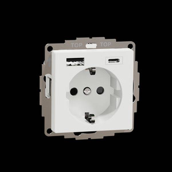 Presa elettrica bianca con porte USB, integrata a filo parete.