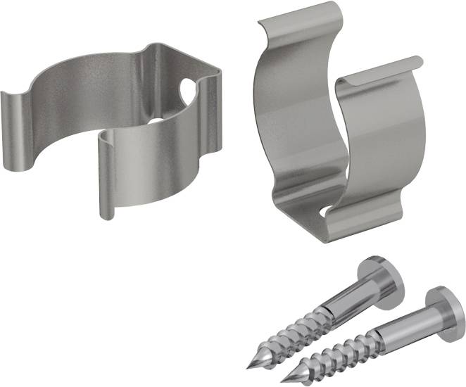 Clip di molla in metallo con due viti su sfondo bianco, che mostrano elementi di fissaggio per il fissaggio di cavi o pannelli.