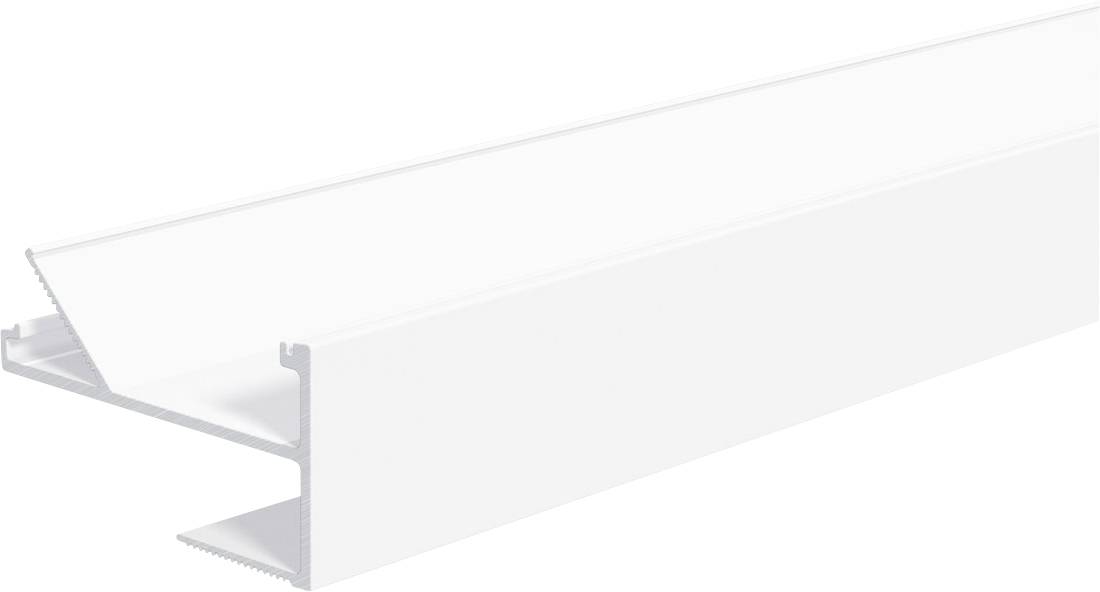 Profilo di canale in alluminio bianco mostrato in prospettiva, con base scanalata e pannello di copertura angolato.