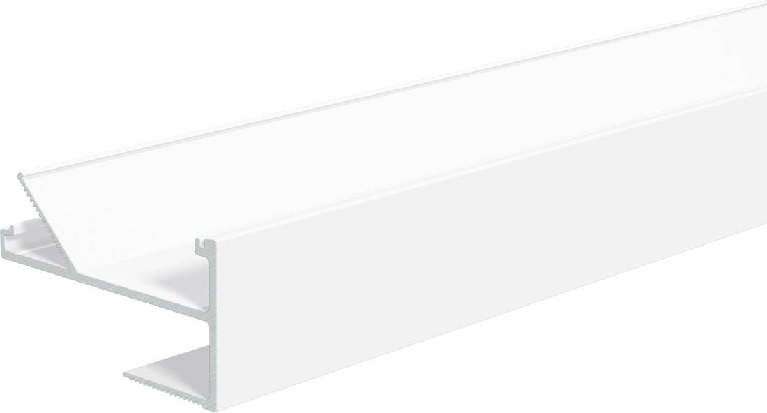 Alloggiamento di apparecchio di illuminazione lineare in metallo bianco mostrato in prospettiva, con un lungo canale rettangolare e bordi di montaggio.