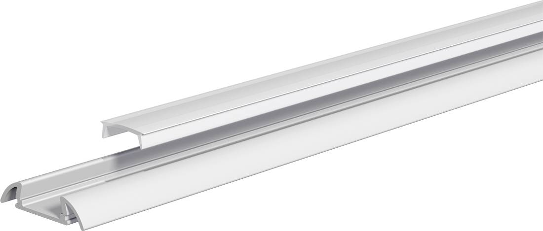 Profilo di montaggio in alluminio bianco o canale per luci LED mostrato in prospettiva su sfondo bianco.