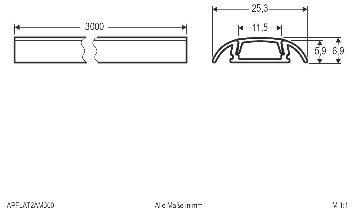 Disegno tecnico in linea di un profilo da 3000 mm, che mostra una sezione trasversale con larghezza 25,3 mm, larghezza interna 11,5 mm e altezze 5,9/6,9 mm; tutte le dimensioni in mm.