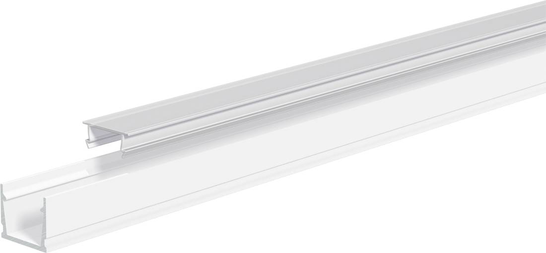 Due canali/tracce in plastica trasparente mostrati diagonalmente su uno sfondo bianco, uno stretto e uno più ampio, probabilmente pezzi di bordatura o binari estrusi.