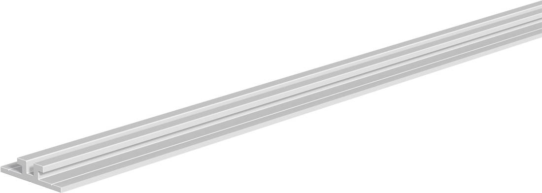 Guida in alluminio con profilo T-slot lungo scanalato, mostrato diagonalmente su uno sfondo bianco.