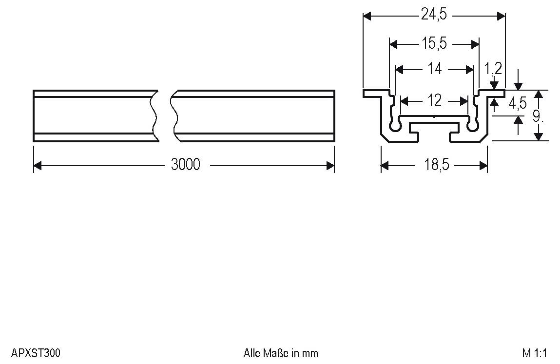 Disegno tecnico di un profilo metallico, che mostra due viste laterali e una sezione trasversale con dimensioni in millimetri, inclusa la lunghezza di 3000 e larghezze e altezze di 24.5, 18.5, 15.5, 14, 12, 9, 4.5, 1.2.