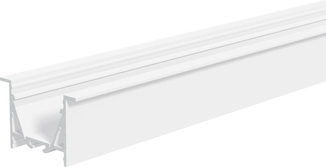 Canale in alluminio estruso bianco o alloggiamento per apparecchio di illuminazione mostrato in prospettiva su sfondo bianco.