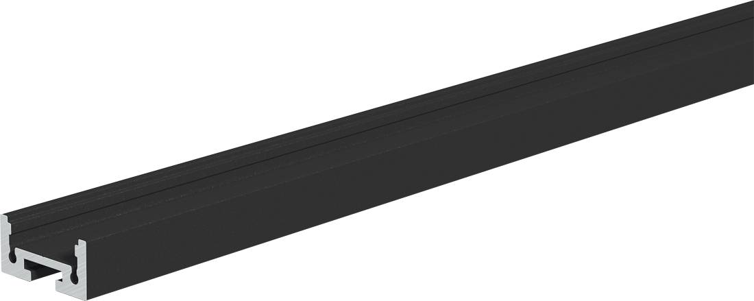 Profilo di estrusione in alluminio nero mostrato in primo piano su uno sfondo bianco.