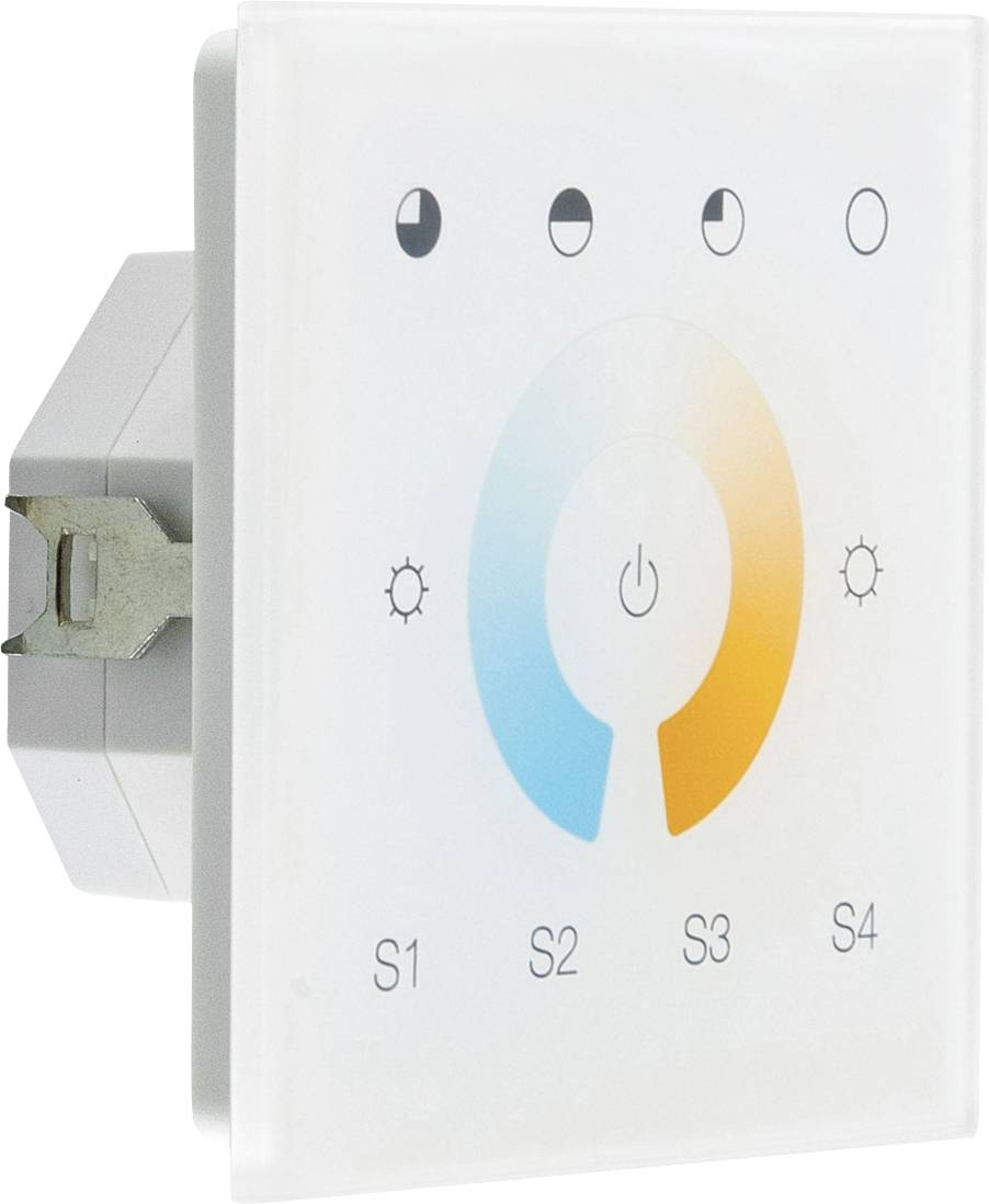 Interruttore dimmer tattile a parete con anello di controllo circolare blu-giallo, icona di alimentazione, simboli di luminosità ed etichette S1-S4.