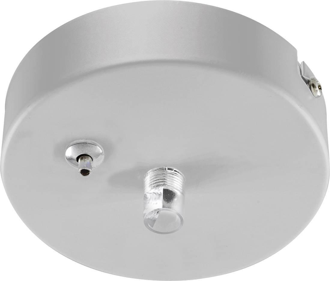 Primo piano della base di un apparecchio di illuminazione a soffitto argentato con due raccordi sporgenti, mostrato su uno sfondo bianco.