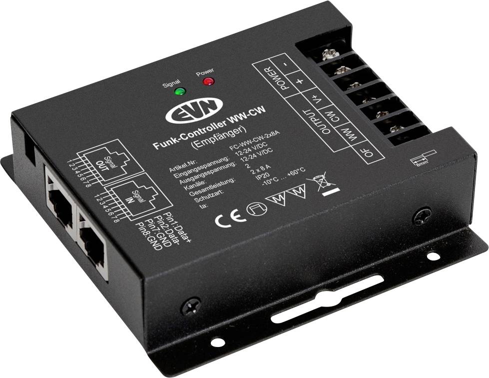 Modulo controller wireless Black EVN Funk-Controller III con LED di stato, morsettiera e due porte RJ45 per il controllo dell'illuminazione o dell'alimentazione.