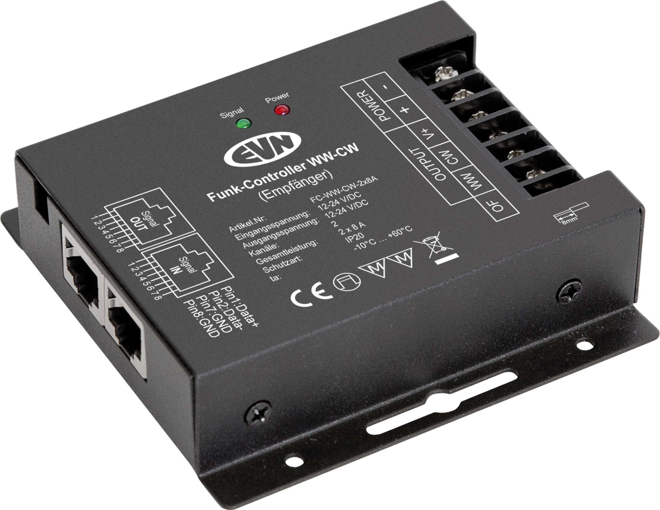 Modulo Funk-Controller CW EVN nero con blocchi terminali, LED di alimentazione e stato, e porte di ingresso/uscita etichettate.