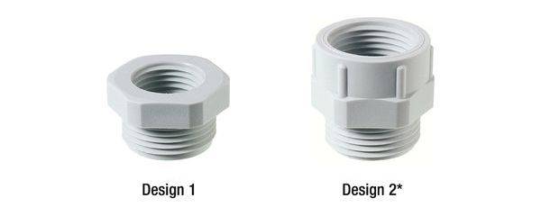 Due connessioni filettate in plastica con etichetta: 'Design 1' a sinistra, 'Design 2*' a destra. Forme di filettatura differenti.