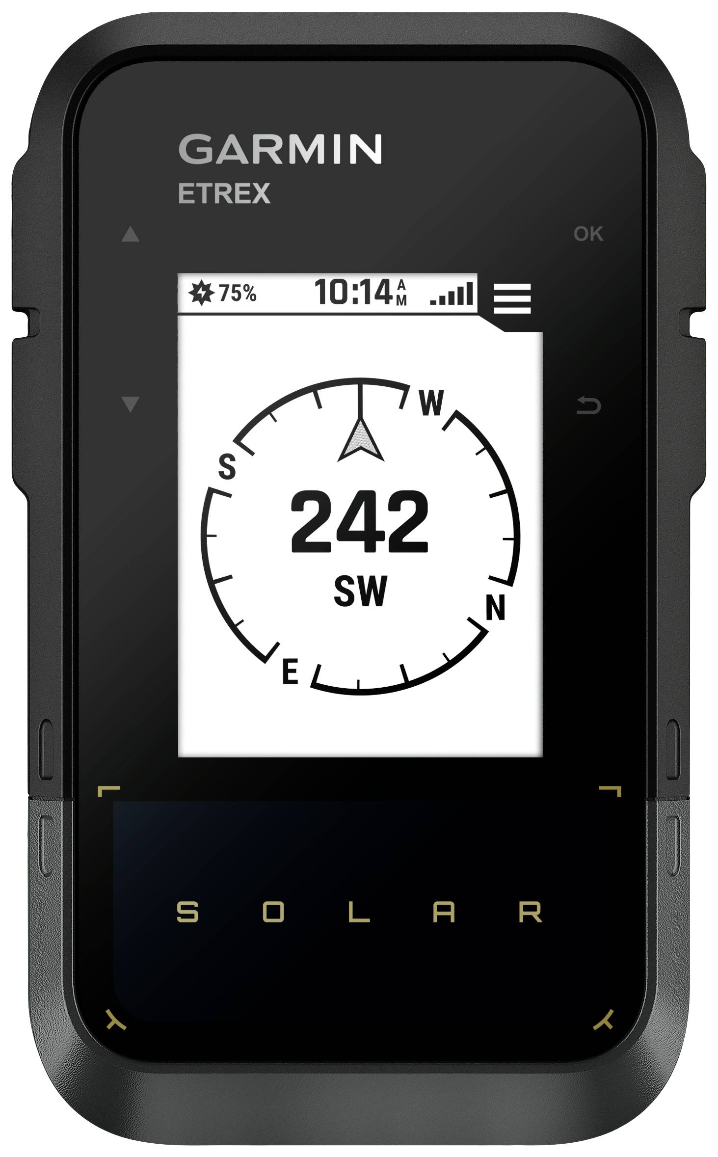 Dispositivo GPS portatile con indicatore della bussola. Schermo mostra direzione 'SO' con 242 gradi. Livello di carica al 75%, ora 10:14.
