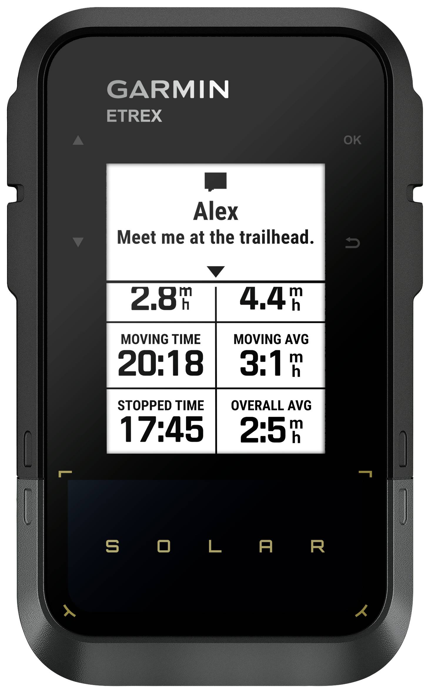 Un dispositivo Garmin eTrex mostra un messaggio 'Alex, incontriamoci al punto di partenza del sentiero.' Velocità 2,8 mph, media totale 2,5 mph.