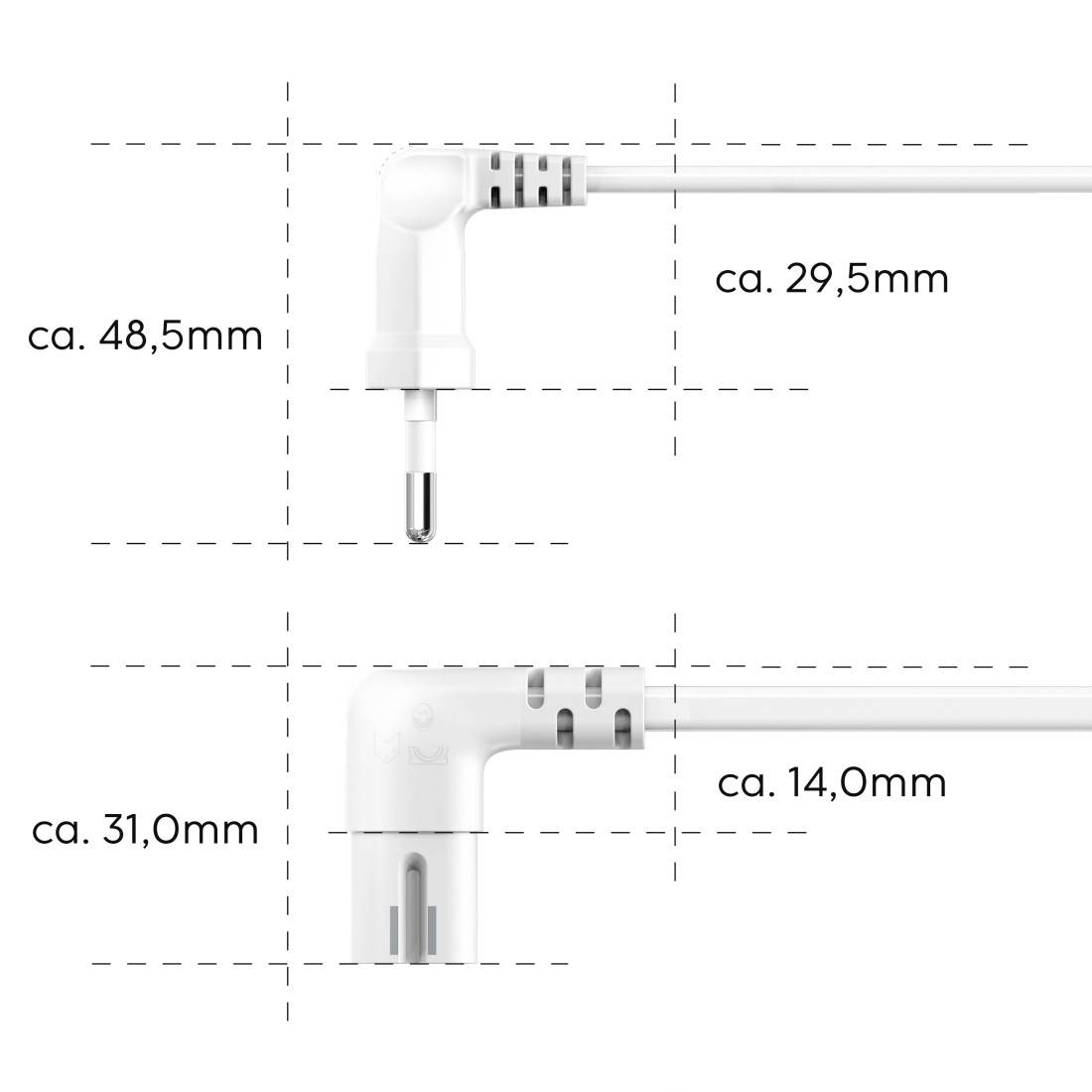 Adattatori e cavi con dimensioni: parte superiore alta 48,5 mm, larga 29,5 mm; parte inferiore alta 31 mm, larga 14 mm.