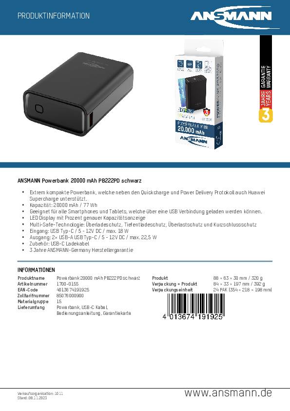 Informazioni sul prodotto: Powerbank Ansmann 20000 mAh PE222Pro in nero. Compatibile con smartphone e tablet, supporta Quickcharge e Huawei SCP. Dimensioni: 88 x 63 x 30 mm.