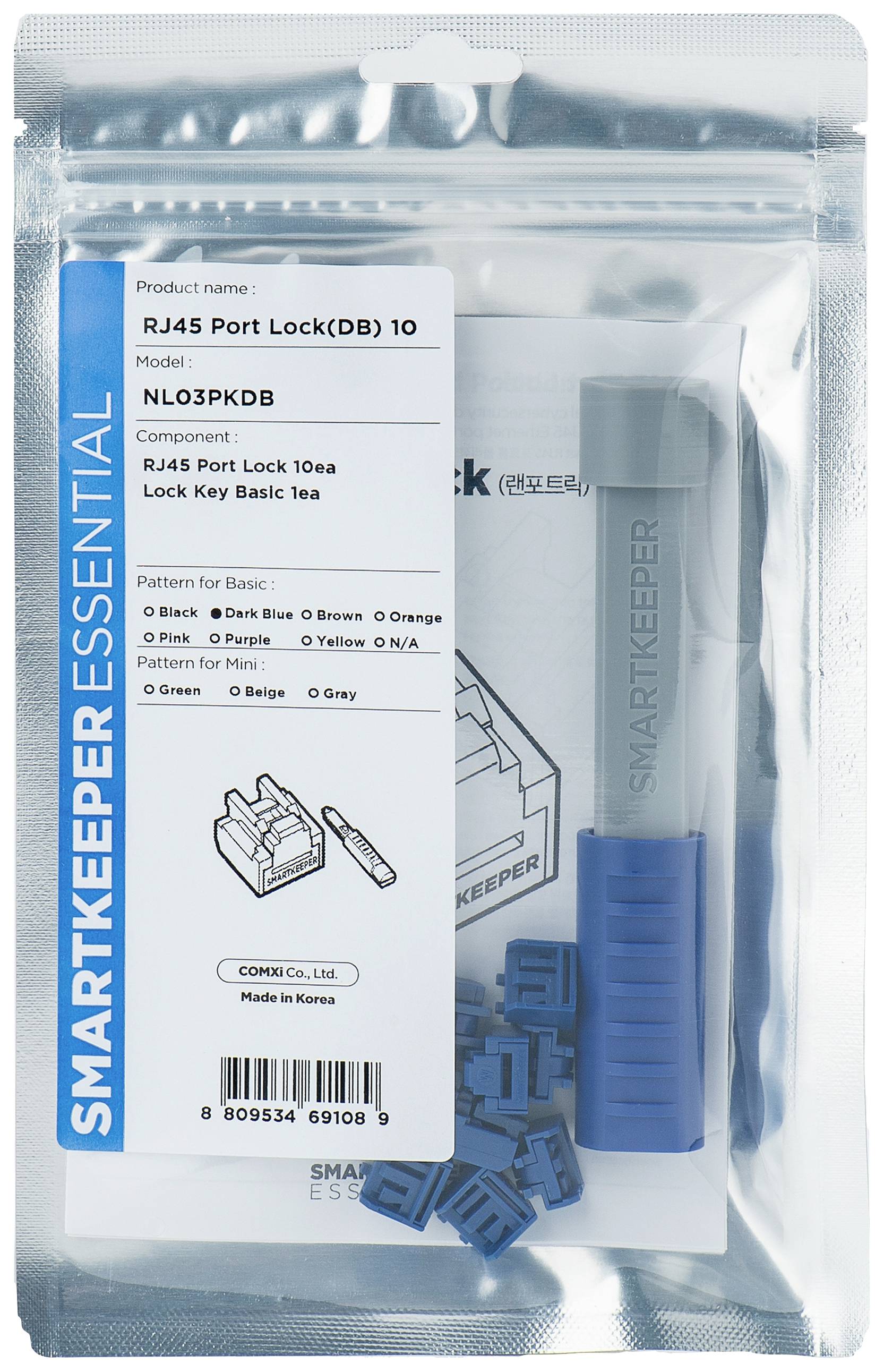 Una confezione di 'RJ45 Port Lock' di Smartkeeper, modello NL03PKDB, composta da 10 blocchi di sicurezza per porte RJ45 blu e accessori.