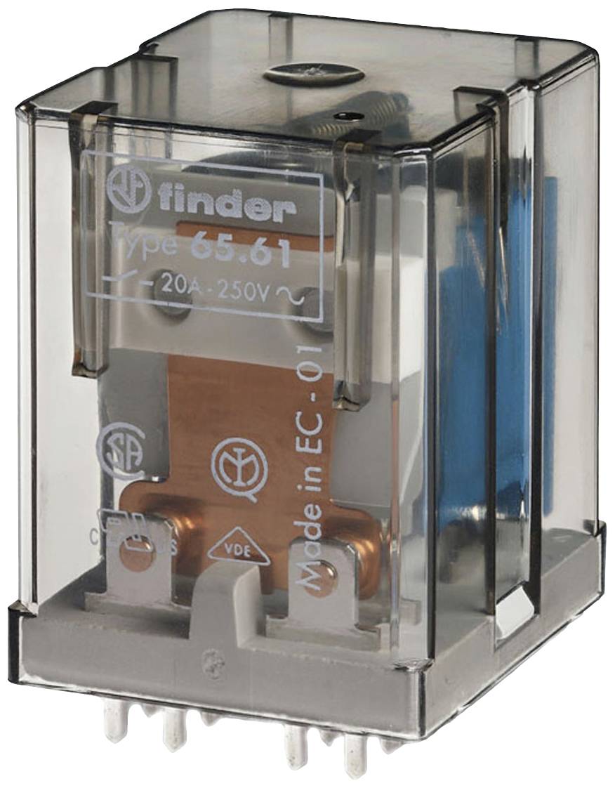 Un relè trasparente con la scritta 'Finder Tipo 65.61, 20A-250V', mostra un meccanismo di rame all'interno.