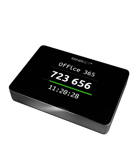 Dispositivo nero con display digitale, mostra 'Office 365' e un codice '723 656' insieme all'ora '11:20:28'.