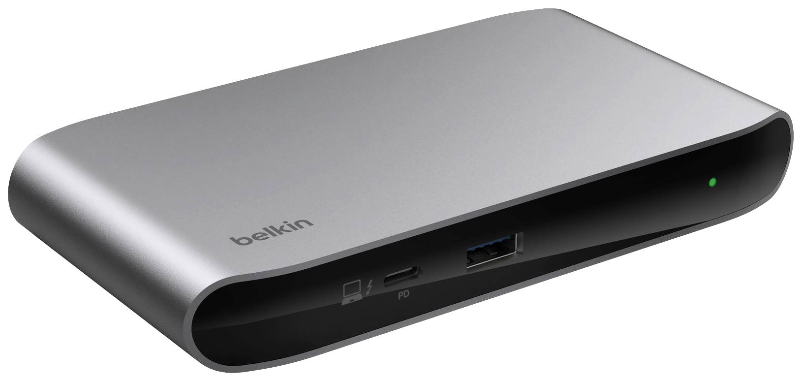 Una stazione di ricarica d'argento di Belkin con porte USB e indicatore LED, progettata per collegare più dispositivi.